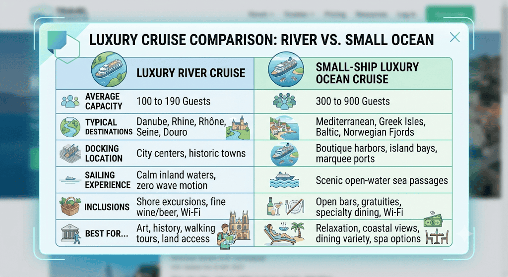 luxury cruise comparison: river vs. small ocean ships infographic