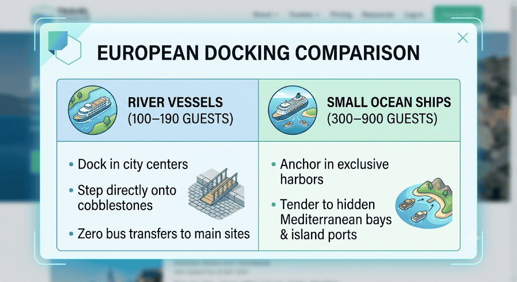Luxury River Cruise vs. Small-Ship Ocean Cruise docking comparison